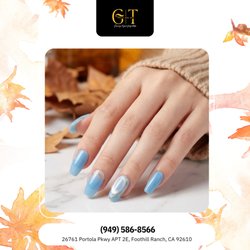 GT Nails And Spa - Serene pastel sky! Coffin nails pair glossy baby blue lacquer with luminous pearl cat-eye accents and sleek curved golden wire trims. Boo