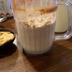 Doña Carmen's Restaurnant - Los Fresnos - Banana shake jug. On previous pic, I had to ask for a cup to share the banana shake with my son because it was too much for me.