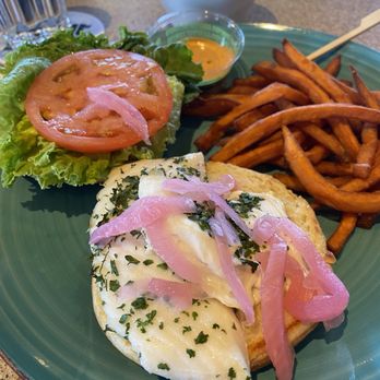 Barley Station Brew Pub - Sad looking halibut burger. Also hard and dry. Yam fries were good. - Gastropubs Near Me - Salmon Arm, British Columbia
