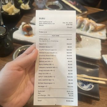 Bubu - Receipt - Sushi Bars Near Me - San Francisco, California