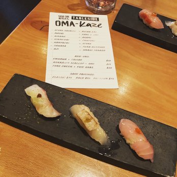 SUSHI-SAN - Madai/Snapper* (left) Hirame/Fluke* (middle) 4th Course - Kinmedai (right) - Sushi Bars Near Me - Chicago, Illinois
