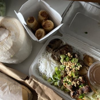 Hello Saigon - Egg rolls, banh mi dac biet, vermicelli with grilled pork, beef and spring rolls, and a coconut drink. - Vietnamese Near Me - New York, New York Hello Saigon - Egg rolls, banh mi dac biet, vermicelli with grilled pork, beef and spring rolls, and a coconut drink. - Vietnamese Near Me - New York, New York