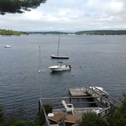 On the Water in Maine - EZ skiff ride from our dock to our OTWIM rental power boat. That's Booth Bay Harbor in the distance. Nice cruise over for lunch!
