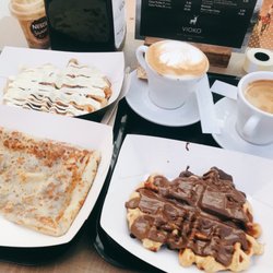 Vioko - Left to right: white chocolate waffle, rocher chocolate crepe and nutella waffle.
