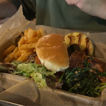 Waters Edge Dock and Grill - Classic Burger with fries, Honey-Glazed Salmon with spinach - New American Near Me - Salisbury, North Carolina Waters Edge Dock and Grill - Classic Burger with fries, Honey-Glazed Salmon with spinach - New American Near Me - Salisbury, North Carolina