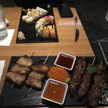 Bamboo on 2nd - Crunchy Cali & Rainbow rolls with Pork Belly Adobo & Marinated Beef skewers - Sushi Bars Near Me - Birmingham, Alabama Bamboo on 2nd - Crunchy Cali & Rainbow rolls with Pork Belly Adobo & Marinated Beef skewers - Sushi Bars Near Me - Birmingham, Alabama