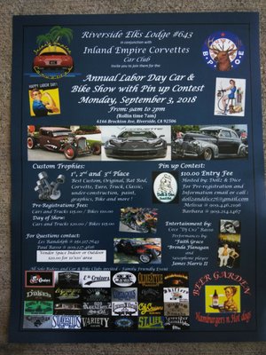 Photo of Riverside Elks Lodge - Riverside, CA, US. Annual Labor Day Car & Bike Show With Pin Up Contest (September 3, 2018) @9AM-2PM