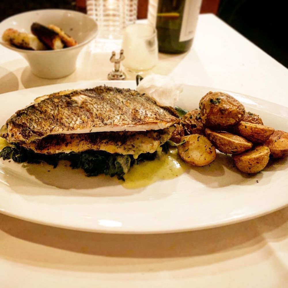 Dio Deka - Branzino (filleted, mesquite grilled, sautéed greens, roasted potatoes) - Greek Near Me - Los Gatos, California