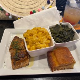 Blackened salmon, greens, and Mac n cheese