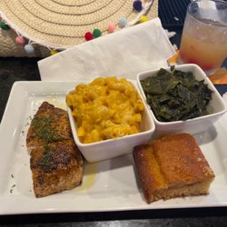 Park Place Restaurant - Blackened salmon, greens, and Mac n cheese