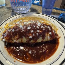 Burrito Christmas style: red sauce & green sauce