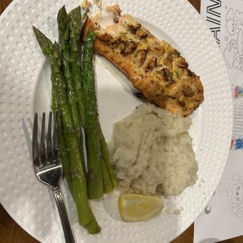Olive On Main - valentines special. salmon with crab. sides: mashed potatoes and Asparagus. - Mediterranean Near Me - Laurel, Maryland