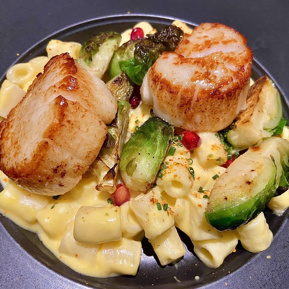 iconiq - Scallops with brussels sprouts, pomegranate seeds, and togarashi-squash pasta - French Near Me - Seattle, Washington iconiq - Scallops with brussels sprouts, pomegranate seeds, and togarashi-squash pasta - French Near Me - Seattle, Washington