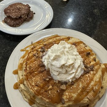 The Wooden Spoon - Caramel Macchiato Pancakes with Sausage Patties - Breakfast & Brunch Near Me - Overland Park, Kansas