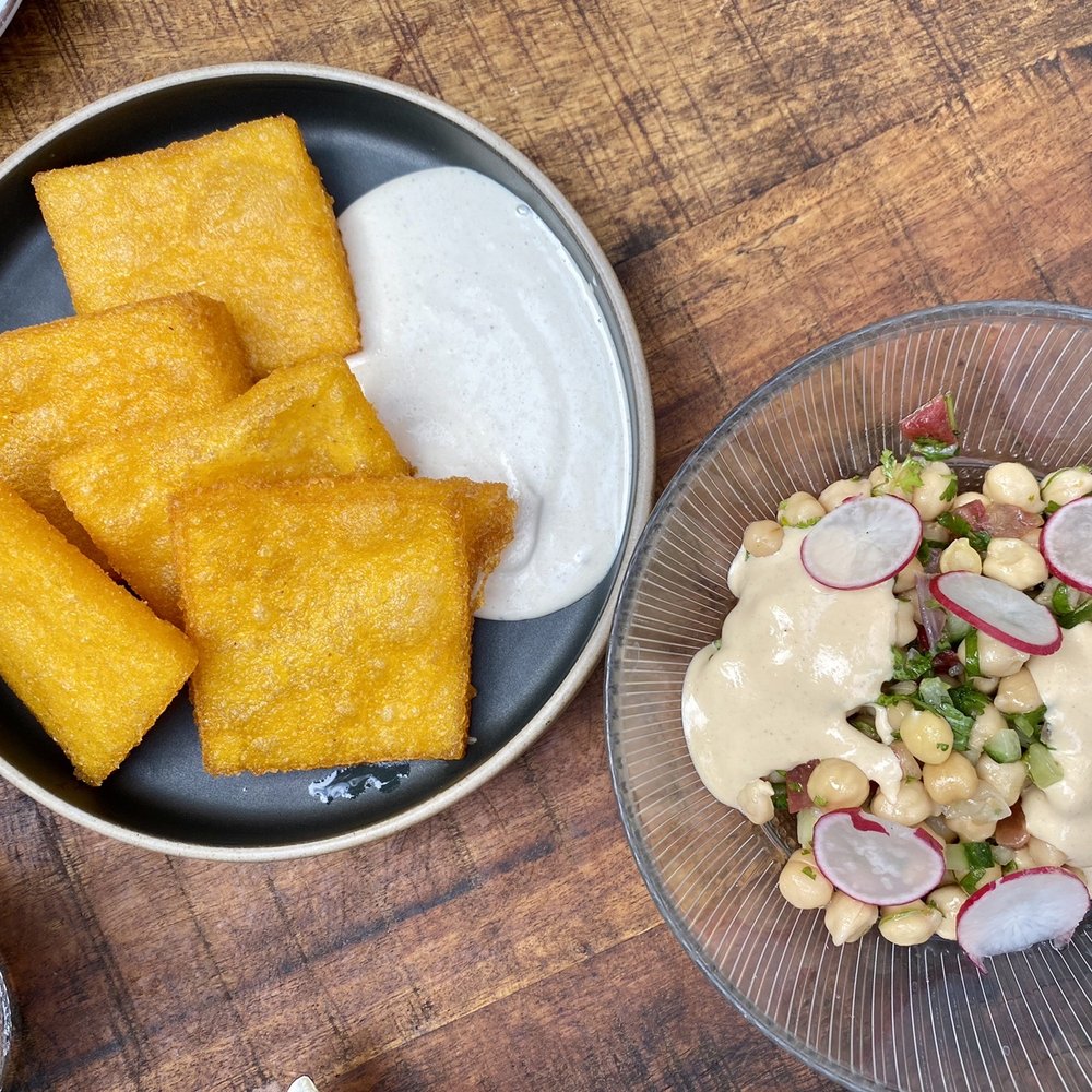 Bar Fisk - Polenta Fries w/Tahini Dip and Israeli Salad - Seafood Near Me - Amsterdam, New Hampshire