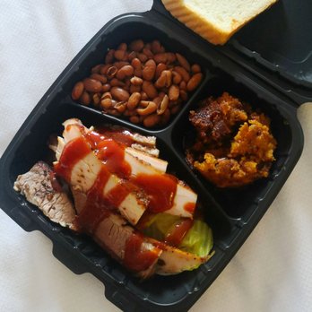 The Big Bib BBQ - Turkey and brisket plate with sweet potatoes and beans. - Barbeque Near Me - San Antonio, Texas The Big Bib BBQ - Turkey and brisket plate with sweet potatoes and beans. - Barbeque Near Me - San Antonio, Texas