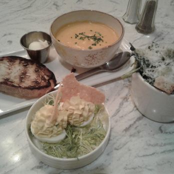 Great Maple - Appetitizer of curry soup, mini Caesar salad and truffled deviled egg. - New American Near Me - Newport Beach, California Great Maple - Appetitizer of curry soup, mini Caesar salad and truffled deviled egg. - New American Near Me - Newport Beach, California