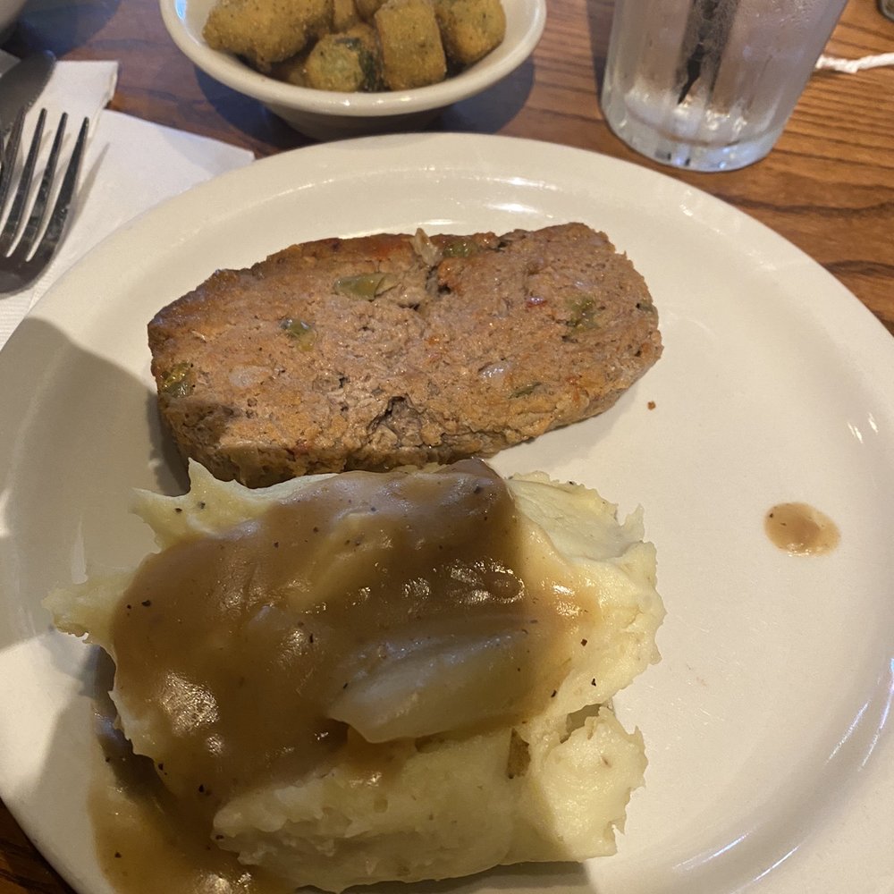 Cracker Barrel Old Country Store - Meatloaf and mashed potato's with okra as the side. - Breakfast & Brunch Near Me - Gainesville, Florida Cracker Barrel Old Country Store - Meatloaf and mashed potato's with okra as the side. - Breakfast & Brunch Near Me - Gainesville, Florida
