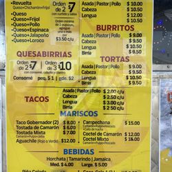Comalitos - Menu as of 8/10/23
