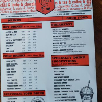 111 Park Espresso Bar - The menu from 111 Park Espresso Bar in Raton, NM, lists breakfast options, hot and cold drinks, and specialty drinks with prices. - Coffee & Tea Near Me - Raton, New Mexico