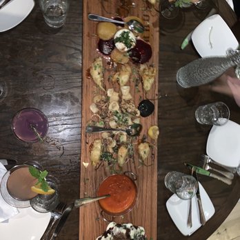 Barbusa - Appetizer board. Included squash blossoms, Burrata & Beet salad, calamari, tomato soup? Or dip?, and lamb chop sticks. - Italian Near Me - San Diego, California