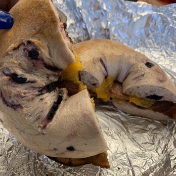 Roland Park Bagels - Blueberry bagel with bacon and cheese, NO EGG - Breakfast & Brunch Near Me - Baltimore, Maryland