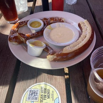 Outer Banks Brewing Station - Pretzel with cheese and 2 mustards - Seafood Near Me - Kill Devil Hills, North Carolina