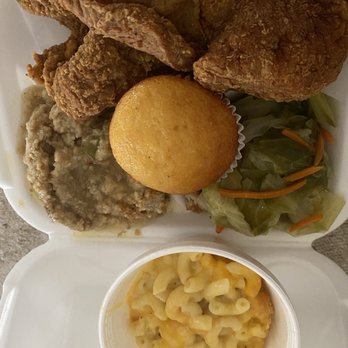 Brown’s Kitchen - Fried pork chop dinner cabbage, dressing and Mac and cheese - Soul Food Near Me - McDonough, Georgia