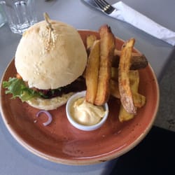 Peppermill Delicatessen - Venison Burger with Beetroot, Red Currant and Port Relish - and hand cut chips