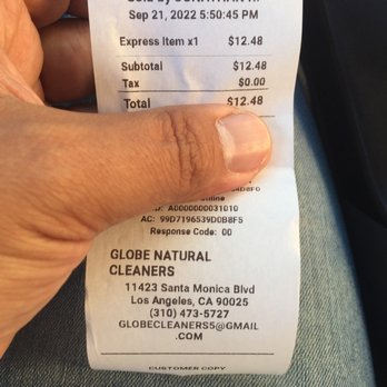 Globe Cleaners - The proof of the payment. - Laundry Services Near Me - Los Angeles, California Globe Cleaners - The proof of the payment. - Laundry Services Near Me - Los Angeles, California