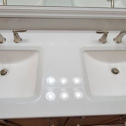 Excel Shower & Bath - Onyx Breeze Wave sinks & counter with white bowls & Moen Brantford fixtures