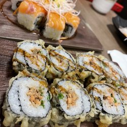 Volcano roll and spicy salmon tempura roll