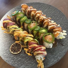 (Left to right) Fat boy roll, Crazy yellowtail roll, and Spicy girl roll (Left to right) Fat boy roll, Crazy yellowtail roll, and Spicy girl roll