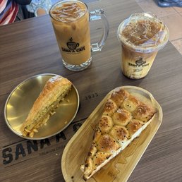 iced yemeni coffee, iced dirty chai, baklava, and honeycomb iced yemeni coffee, iced dirty chai, baklava, and honeycomb