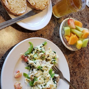 Yolks & Berries - Healthy scrambler combo (scrambled egg whites + veggies, english muffin, apple juice, bowl of mixed fruit) - Breakfast & Brunch Near Me - Bradley, Illinois Yolks & Berries - Healthy scrambler combo (scrambled egg whites + veggies, english muffin, apple juice, bowl of mixed fruit) - Breakfast & Brunch Near Me - Bradley, Illinois