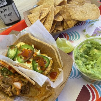 Tacocina - Carne Asada taco (left) & shrimp taco (right) With tapatio on top - Tacos Near Me - Brooklyn, New York Tacocina - Carne Asada taco (left) & shrimp taco (right) With tapatio on top - Tacos Near Me - Brooklyn, New York