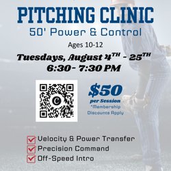 50' Pitching Clinic at D-BAT Concord for 10-12 year old's. Tuesdays @ 6:30- 7:30 from August 4th-25th