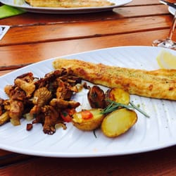 Restaurant Toplicht mit Seeterrasse - Totgebratenes Zanderfilet mit Pfifferlingen und ausgesuchten Kartöffelchen mit Rosmaringarnitur...