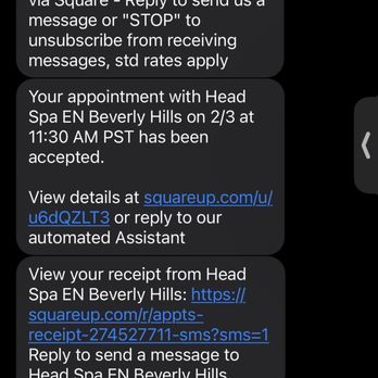 Headspa EN - A confirmation text from the place, just so ppl know that I was actually there and tried the service - Massage Near Me - Beverly Hills, California