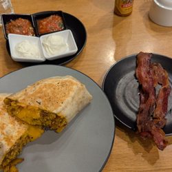 The Copper Plate - The Big Butte burrito with salsa and sour cream on the side. Side order of bacon, extra crispy, no burnt, just how I like it.