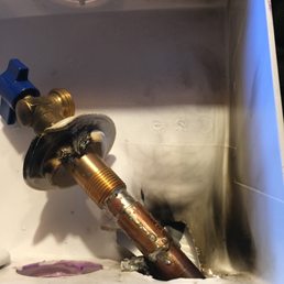 Close up of burned outlet box and messy soldering job from plumber. This was after I removed for replacement. Close up of burned outlet box and messy soldering job from plumber. This was after I removed for replacement.