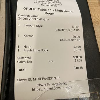 Mod India Restaurant - Bill - reasonable - Indian Near Me - Glen Mills, Pennsylvania