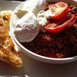 Breakfast special - savoury mince with poached eggs and turkish bread
