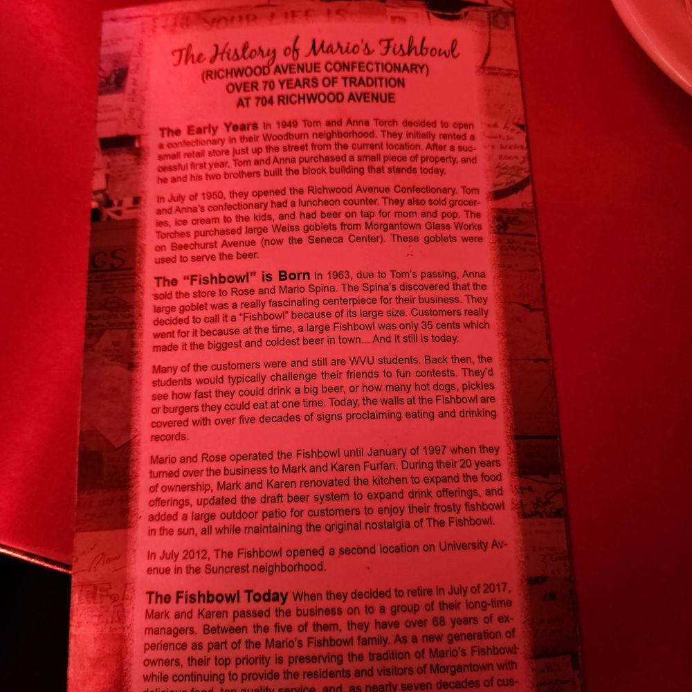 Mario's Fishbowl - The story.. please read.. what a great history - American Near Me - Morgantown, West Virginia Mario's Fishbowl - The story.. please read.. what a great history - American Near Me - Morgantown, West Virginia