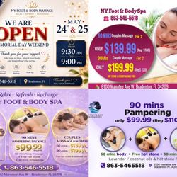 NY Foot & Body Spa - Memorial Day Weekend. Take time to relax, recharge, and care for yourself.
We are OPEN May 24th & 25th