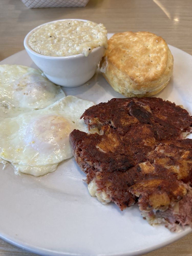 Corned beef hash, eggs, grits, biscuit Yelp
