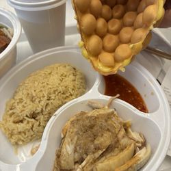 Haianese chicken, hot HK coffee, bubble waffle