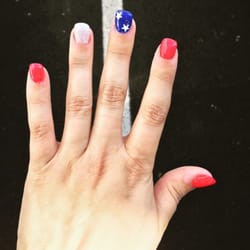 Dt Nail and Spa - Fourth of July Nails! Gel with Coca-Cola Red, My car has Navy-gation, and Fairy Silver!