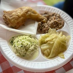 Pig & Chicken Combo (Dark Meat), slaw, and boiled cabbage