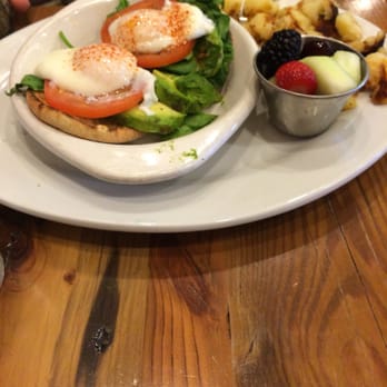 First Watch - Eggs Benedict, hold the hollandaise - served with fruit and skillet potatoes - Cafes Near Me - Indianapolis, Indiana